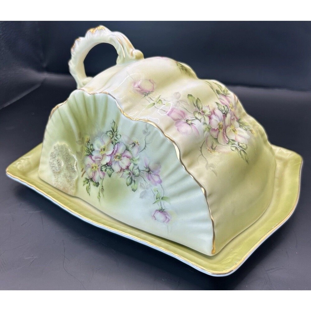 Nippon Porcelain Hand Painted Butter/Cheese Server w/Lid Wild Rose